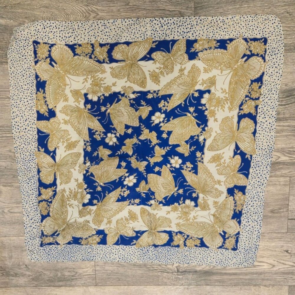 Vintage Butterfly Scarf Blue Gold Boho Headscarf Square Kerchief Wrap Bandana - Picture 10 of 13